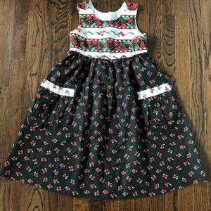 Vintage Girls 8-10 Black/Red Cherries A-Line Sleeveless Midi Dress w/Pockets